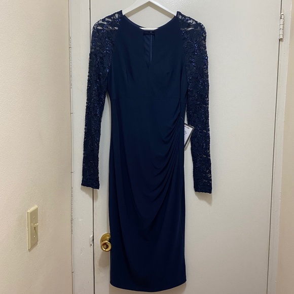 NWT BETSY & ADAM Sheer-Sleeve Navy Blue Dress - Size 6 - Picture 4 of 9